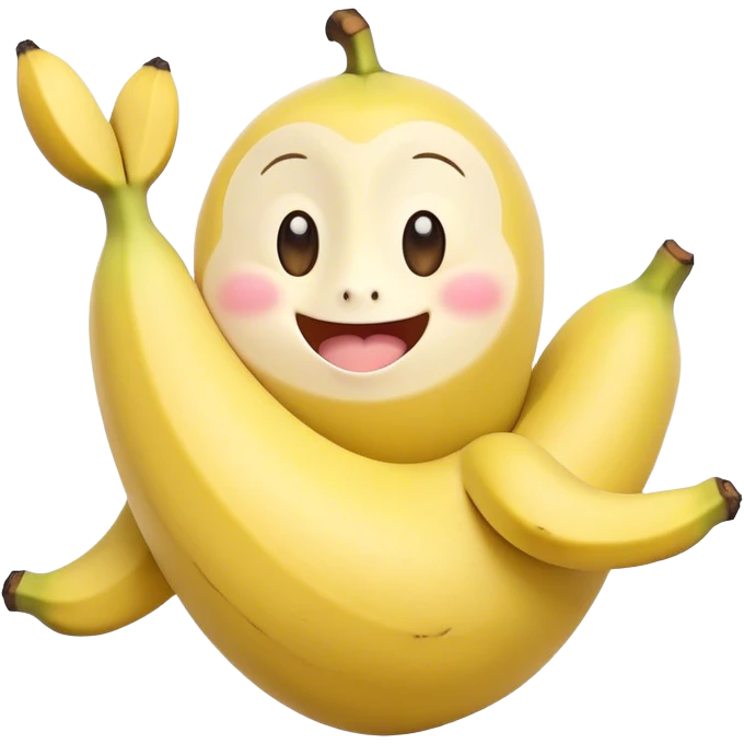 Cute Kawaii Banana, slightly curved, soft pastel yellow, cute giggling face with big round eyes, tiny arms waving happily, a peeled section revealing a smiling expression! emoji