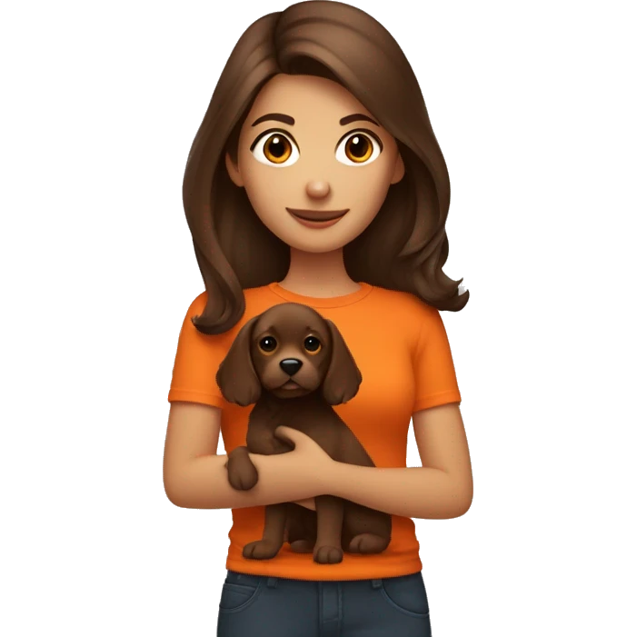 medium hair brunette girl holding dark orange puppy emoji