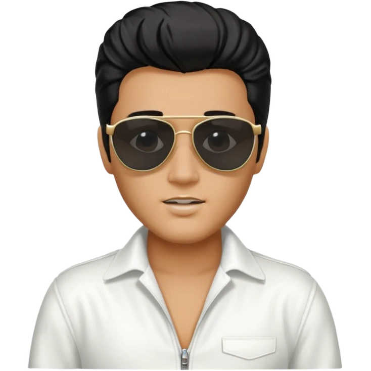 A boy with an Elvis Presley mask with sunglasses (with total black lenses)dressed as Elvis Presley (white dress) emoji