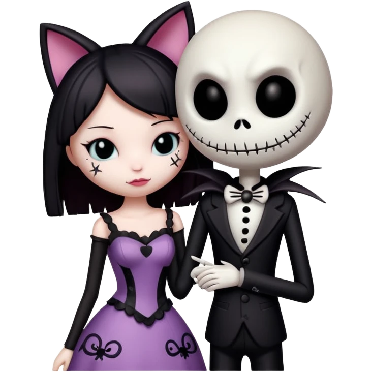 kuromi from hello kitty and jack skellington in a romantic embrace emoji