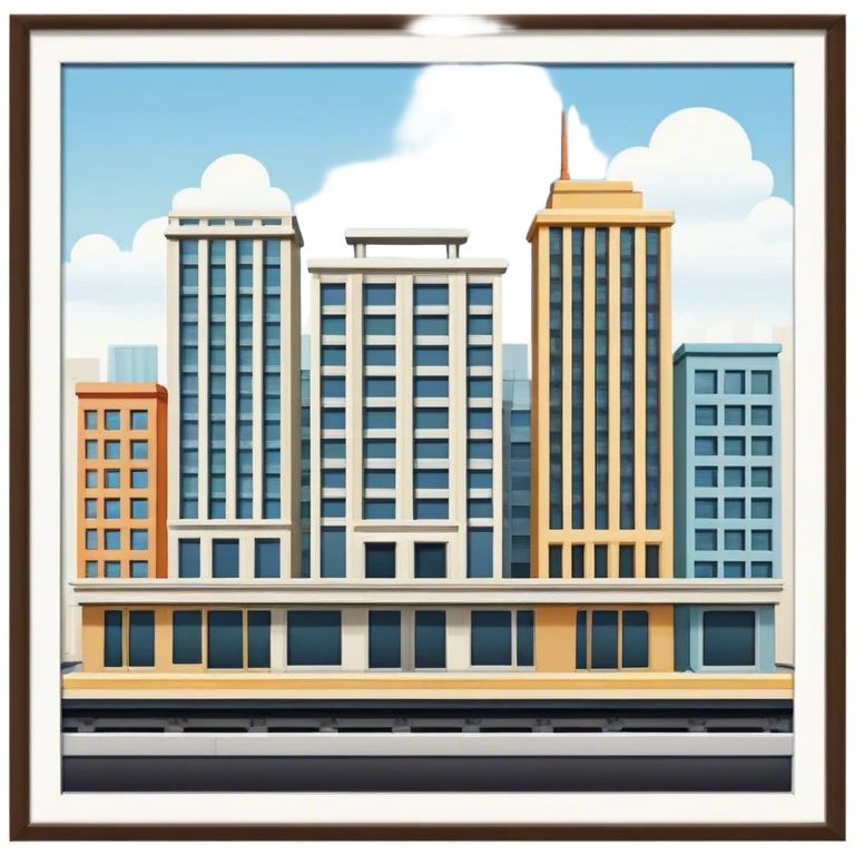 Buildings placed on a platform, standing together in a structured arrangement 1960s emoji