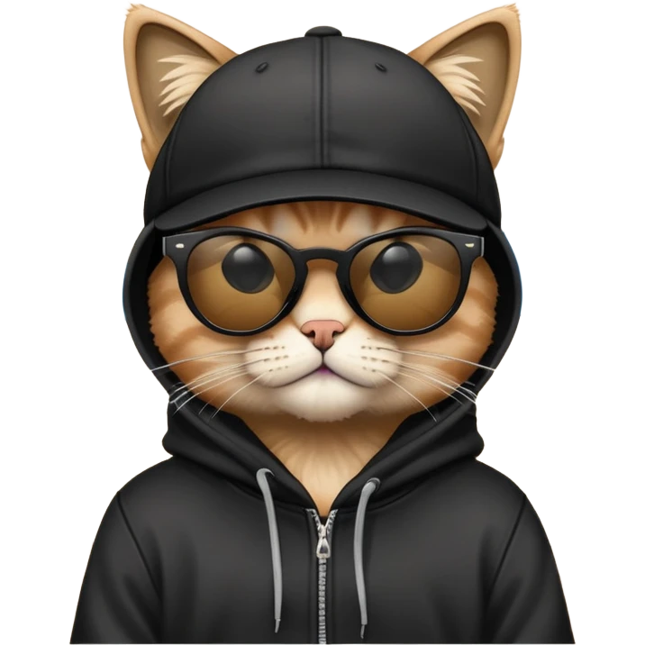 cat wearing a black snapback cap, black hoodie, and black sunglasses low on his nose that he is peering over, doing graffiti art with spray paint, street art style emoji