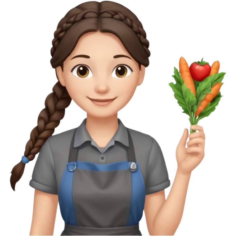 Брюнетка официантка с длинными волосами в косе улыбается ф сером фартуке и черной футболке emoji