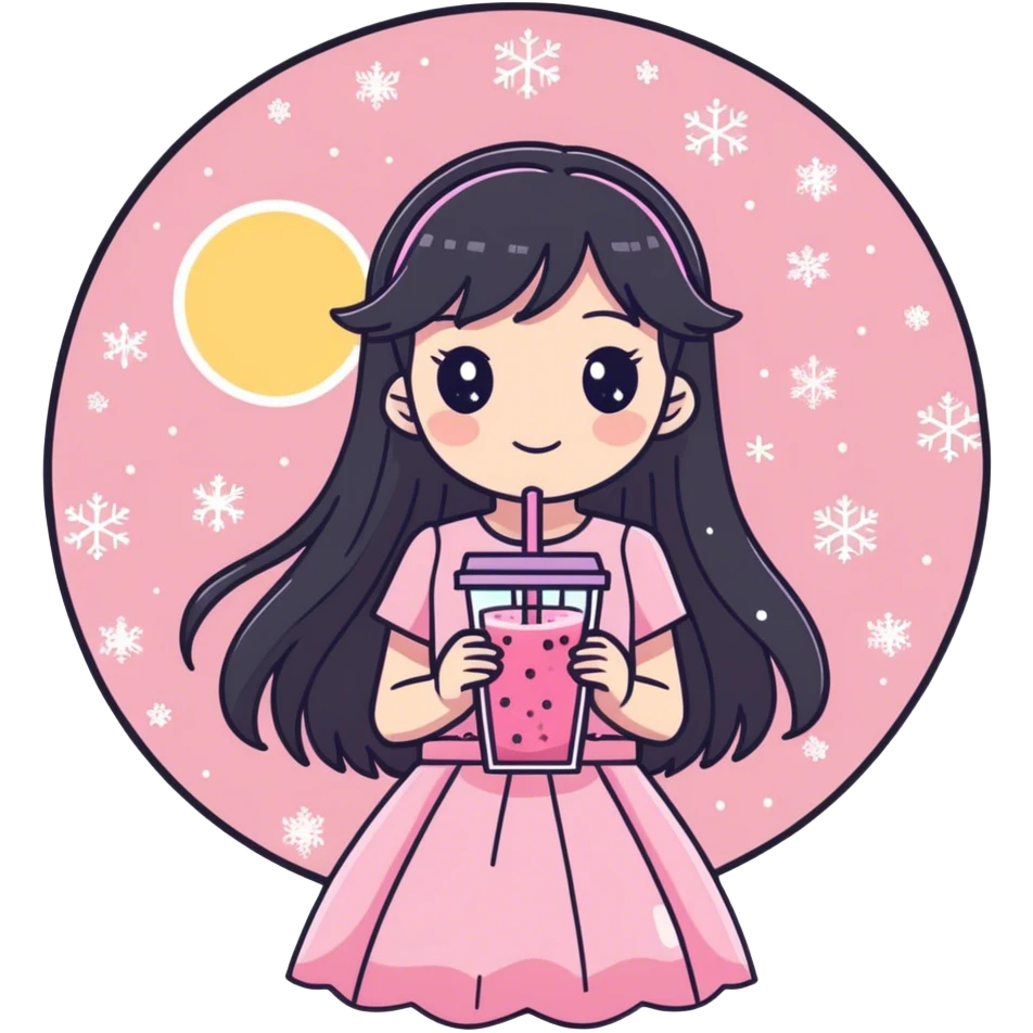 Cite little anime girl wearing sparkly pink holding a pink smoothie with snowflakes around and the sun shining  emoji