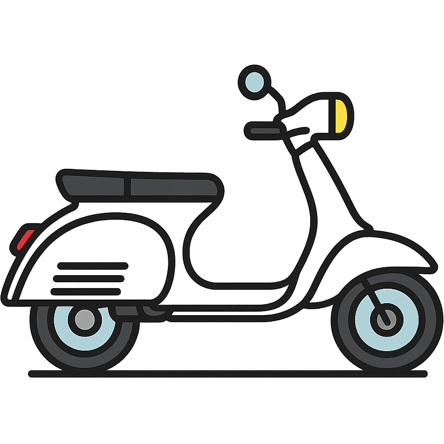 A Vespa scooter icon with a sleek, modern design, featuring a white body with black accents and chrome details. emoji