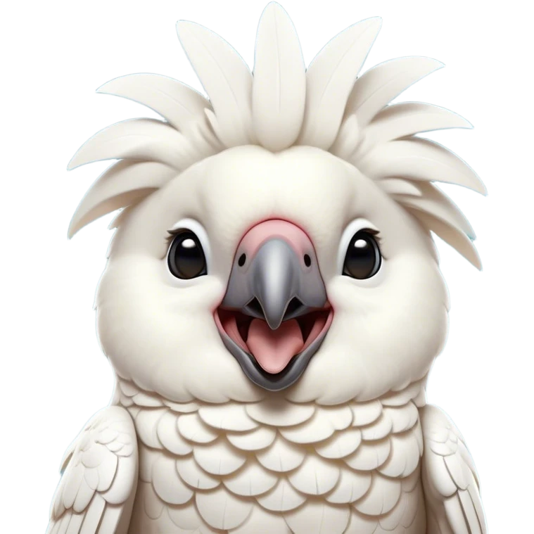 Cinematic Cute Yawning Cockatoo Portrait Emoji, Head tilted slightly with a dramatic, wide-open yawn, showcasing a plump, feathered body with a softly drooping crest and sleepy, half-closed eyes, Simplified yet irresistibly adorable features, highly detailed, glowing with a soft, cozy tropical glow, high shine, relaxed yet expressive, stylized with a dash of whimsical avian charm, soft glowing outline, capturing the essence of a drowsy yet affectionate cockatoo that appears ready to stretch out and yawn its way off the screen! emoji