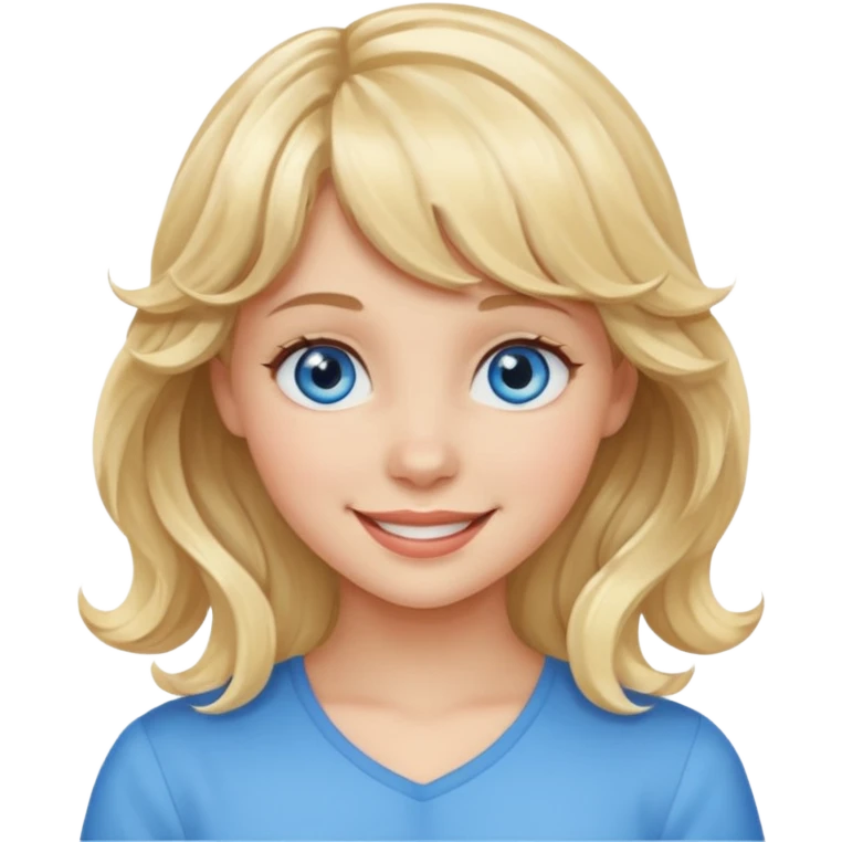 Please generate an image of a girl. She has blue eyes, blonde, wavy hair with bangs, and is smiling. emoji