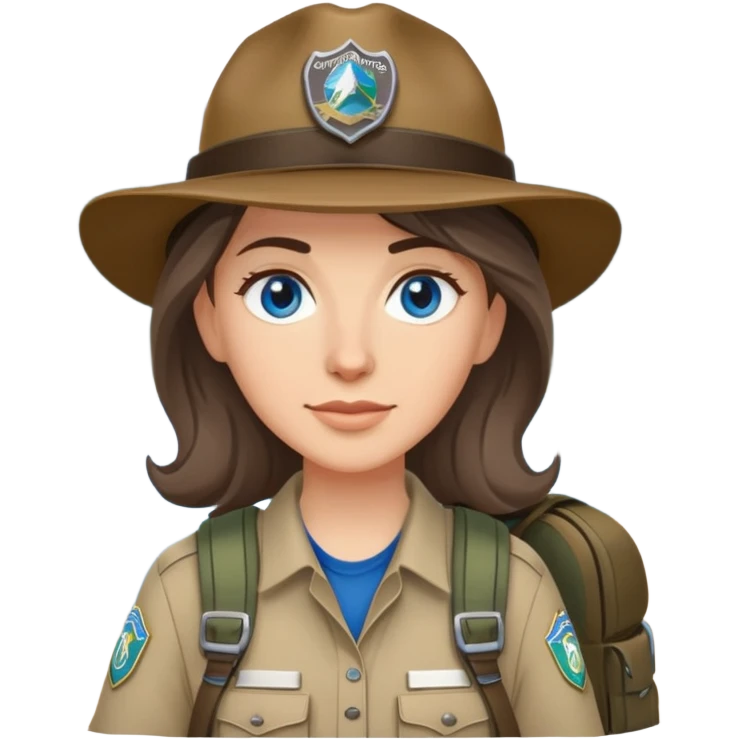 white woman park ranger with gray and brown hair, blue eyes, wearing a backpack emoji