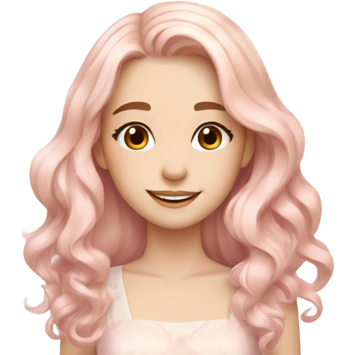 Pretty girl with long wavy light peachy pastel pink hair, pale skin, brown doe eyes, light makeup, smiling gently, beautiful, dress emoji