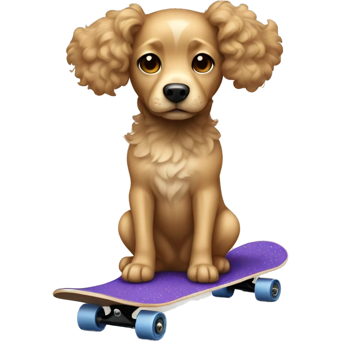 dog with light tan curly short fur, very very long ears down. dark brown eyes, mouth closed. on a skateboard emoji