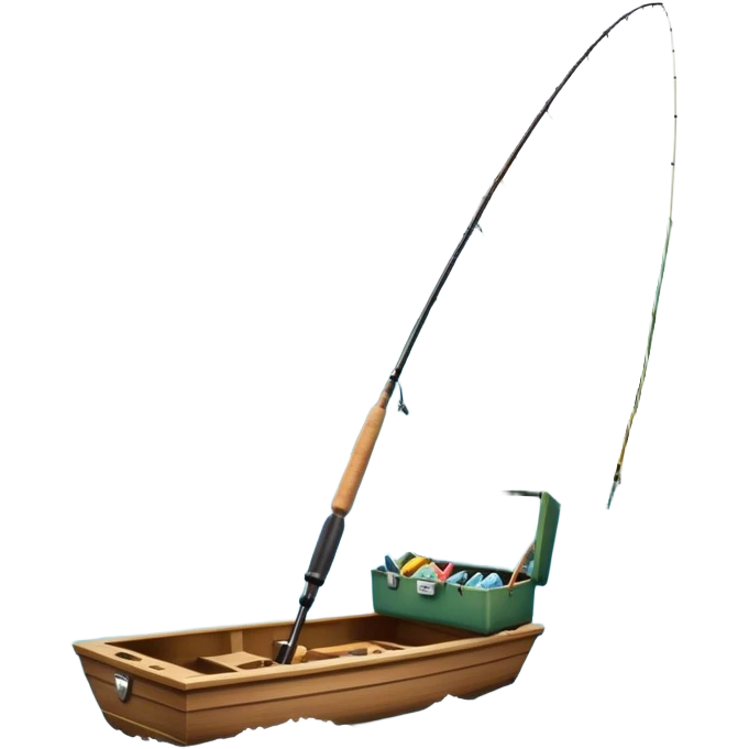 Icon for Fishing Travel: a boat on a calm lake surrounded by mountains and lush greenery, with fish jumping out of the water, a fishing rod, tackle box. The icon should capture the peaceful and adventurous nature of fishing trips. Transparent background. emoji
