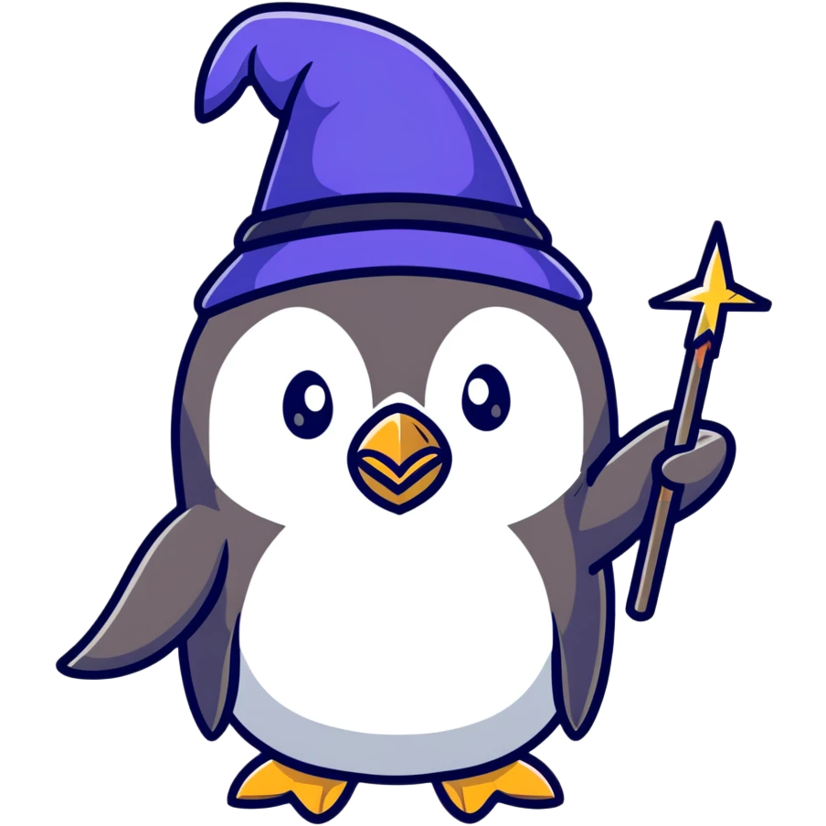 Penguin wizard with magical wand and wizard hat, cartoon sticker emoji