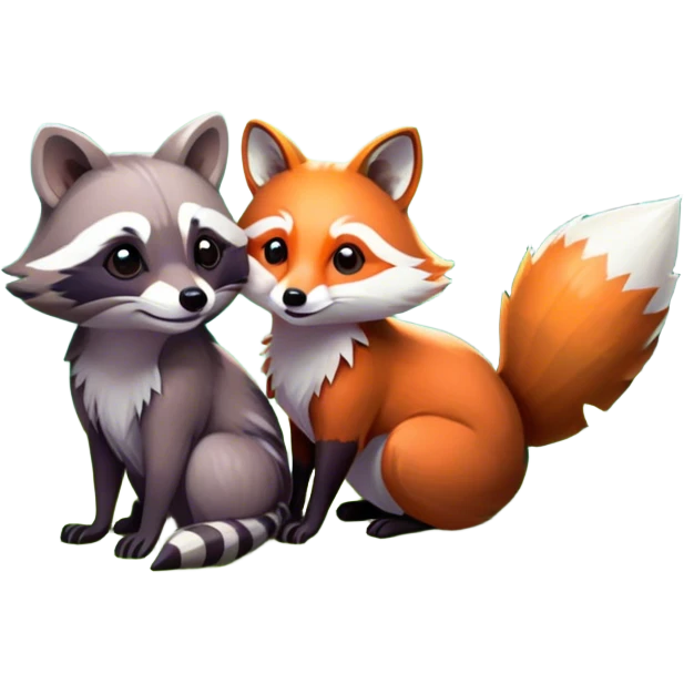 Collage of a raccoon and a fox, in close-up, surrounded by a colorful forest with rich green trees, thick bushes, and vibrant foliage. Sunlight peeks through the branches, casting warm light on the animals. A lively, natural setting with a transparent background. emoji