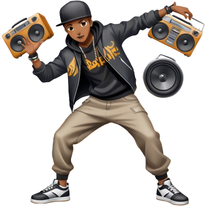 Icon for Street Dance: a dancer in urban streetwear performing a dynamic lower breakdance move, with a spray-painted background and a boombox on the asphalt. The icon should capture the energy, style, and creativity of street dance culture. Transparent background. emoji