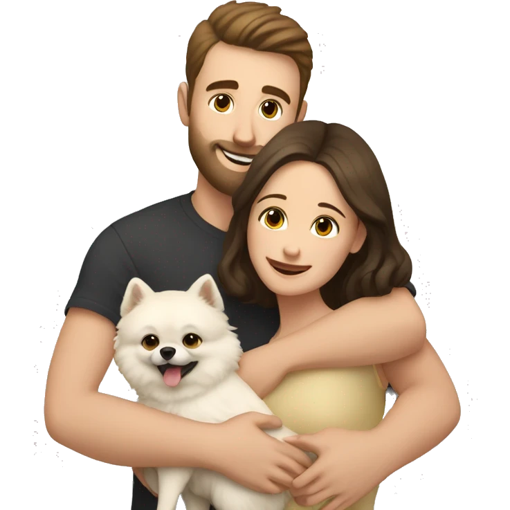 Young white man with short dark brown hair with a small beard hugging his white wife with dark brown hair and both of them hugging a beige and white Pomeranian  emoji
