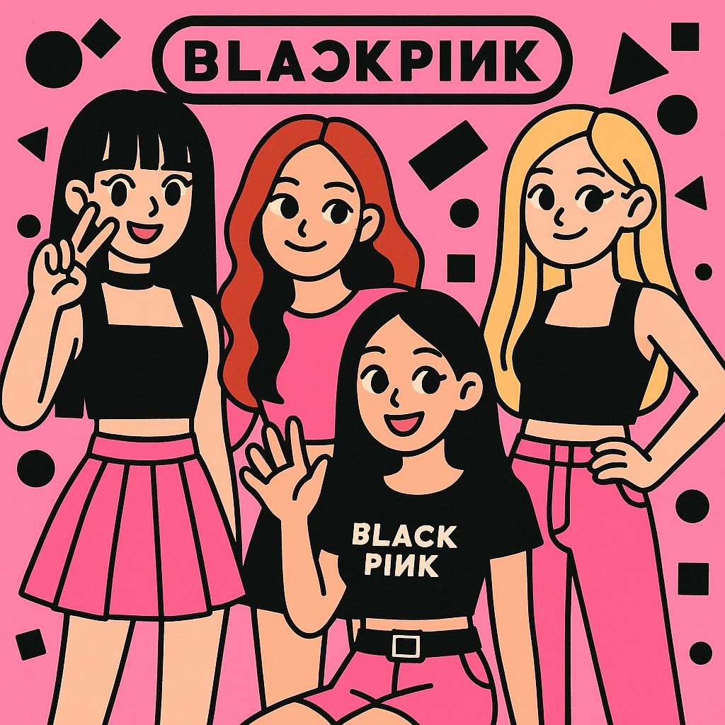 Blackpink K-pop group, pink and black colors, playful and cute, trendy fashion, group pose emoji