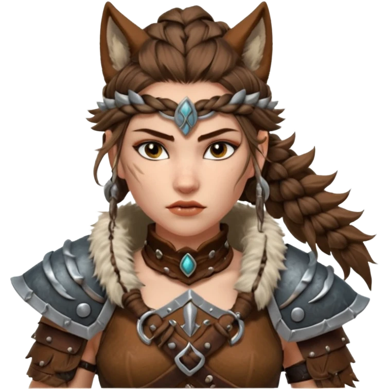 barbarian woman wolf rider portrait, head and shoulders only, fierce female warrior, fur-lined barbarian armor collar, wolf fur details, wild braided hair, intense eyes, tribal warrior vibe, fantasy style, 3D cartoon, mobile game icon style, clean background, no text, no watermark
 emoji