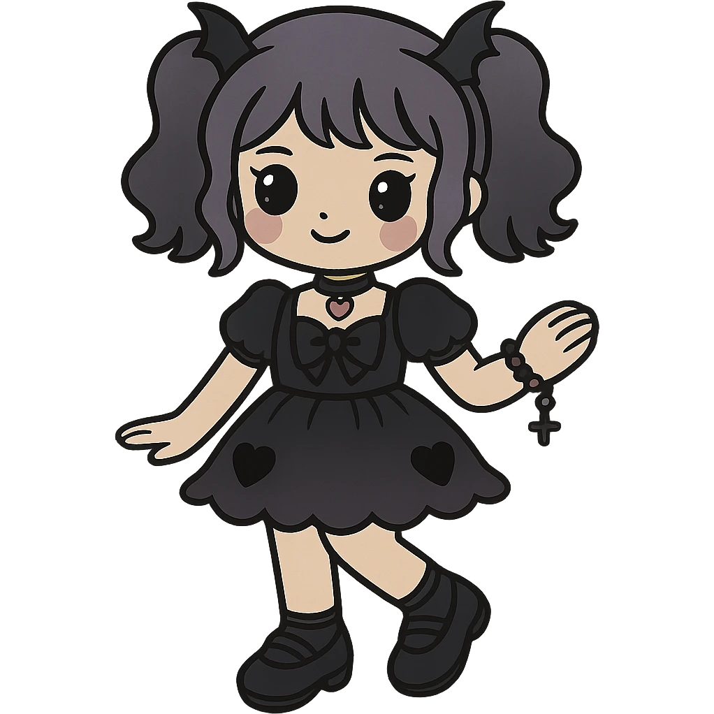 Edit the image of a K-pop girl in pastel goth fashion wearing a frilly dress with a dark color palette and gothic motifs. The girl should have a whimsical stance and cute jewelry. Remove the background. The style should reflect pastel goth with gothic motifs and a darker color scheme. emoji