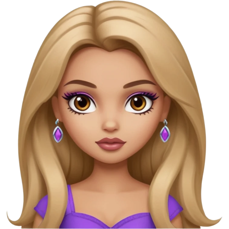 pretty bratz baddie, long darkblond hair, pretty makeup, long lashes, pretty brown eyes emoji