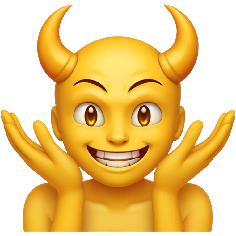 yellow emoji face with devil-like grin and hands rubbing together deviously emoji