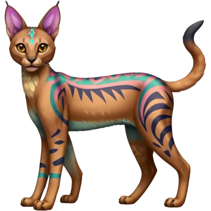 A Colorful iridescent exotic tropical tribal cute happy realistic elegant esoteric patterned dark caracal-Lykoi-bobcat-sphynx-genet-serval-Fakémon-hybrid-fusion-animal-creature, full body, 4-legged emoji