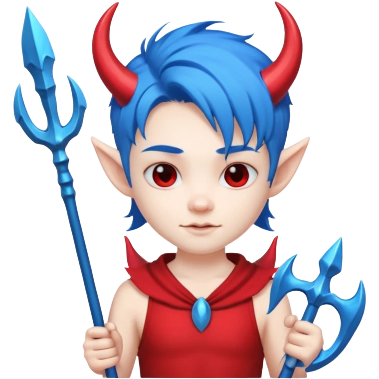 Blue-haired devil with trident, cute face, half body emoji