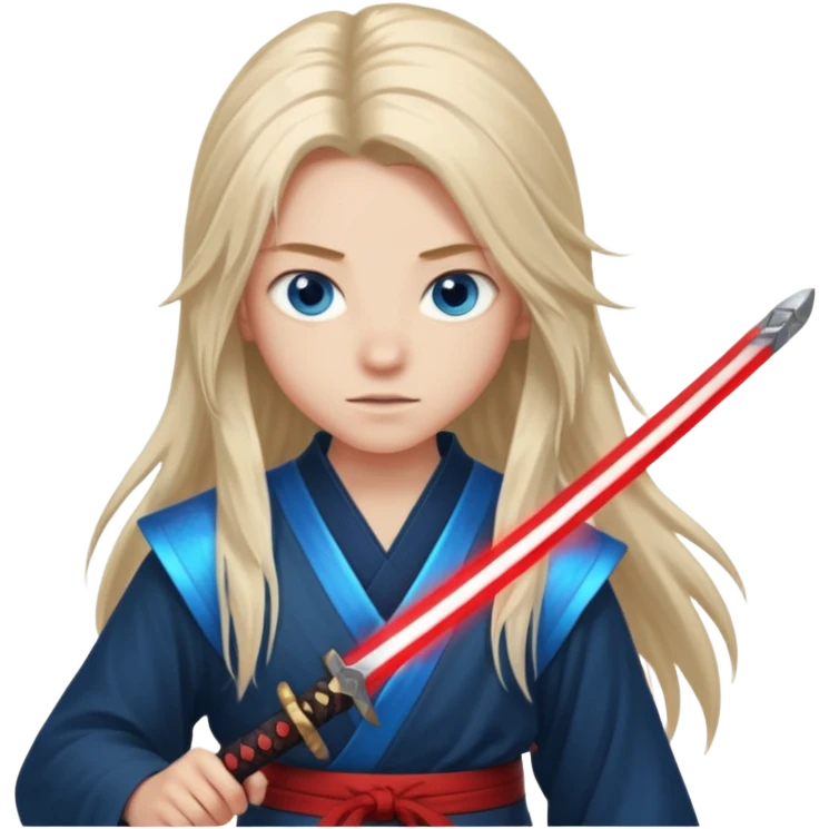 A 14 year old with red glowing katana and his hair be long and eye colour of blue  emoji