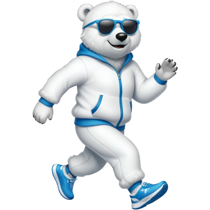 friendly anthropomorphised polar bear jogging upright wearing a tracksuit and sneakers, dark sunglasses emoji