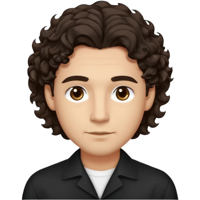 He’s a man with light to medium skin, a defined oval face, full brows, deep-set eyes, and wavy to curly dark brown hair styled with height, sides are low. expression calm and focused relaxed black open-collar shirt.polished, articulate, and professional vibe. emoji