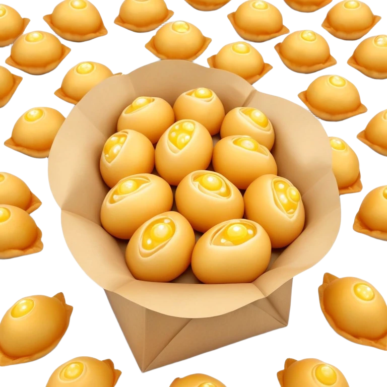 3D rendered mini Hong Kong egg puffs (鸡蛋仔) in paper bag, authentic bubble pattern, vibrant golden color, hyper-realistic texture, glossy finish, detailed individual bubbles, traditional street food presentation emoji
