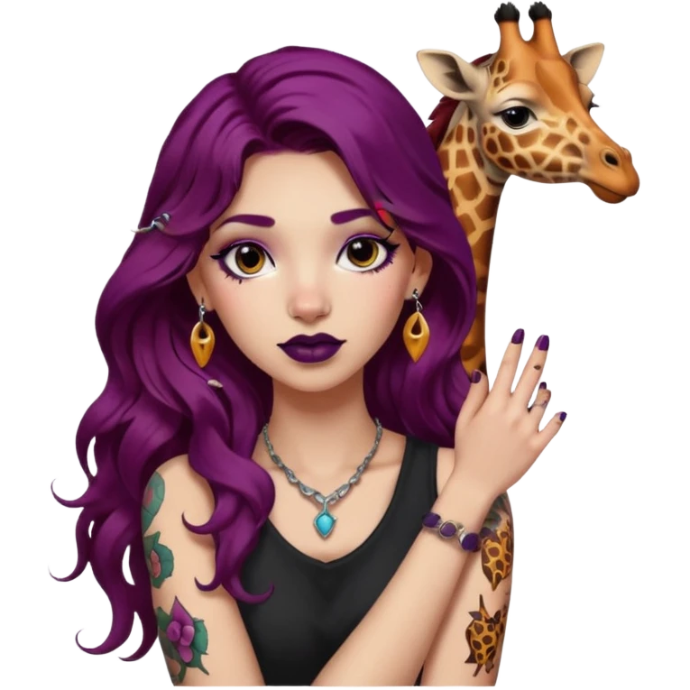 girl with long wavy plum color hair, giraffe tattoo on arm, dark lipstick, piercings emoji