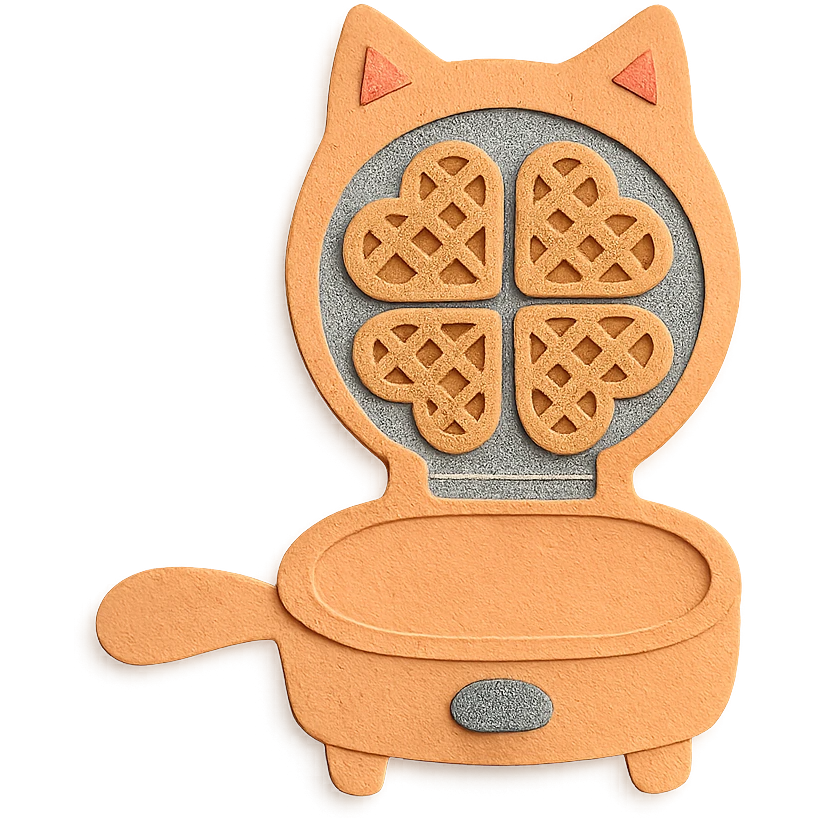 cute cat-shaped waffle maker displaying heart-shaped waffles, pastel orange, full-body emoji