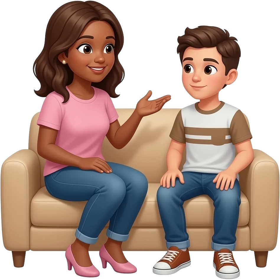 mother with brown hair and brown skin talking to her teenage son wearing a t-shirt and jeans on an armchair emoji
