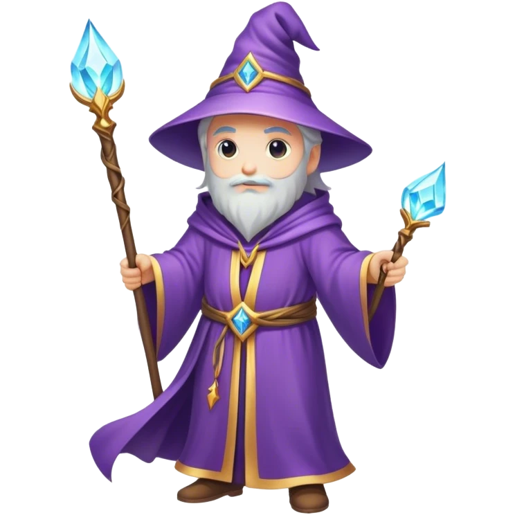 Clash of Clans aesthetic: Cinematic heroic powerful Wizard Hero Emoji, rendered in a 3D vector-style similar to standard emojis with minimal shading and bold, simplified shapes. A compact, isometric figure draped in flowing enchanted robes and wielding a mystical staff, softly glowing with an arcane magical charm. Simplified yet unmistakably iconic, highly detailed and consistent, glowing with a soft radiant glow and high shine. Stylized with a touch of whimsical sorcery and a soft glowing outline, capturing the essence of a powerful wizard ready to cast spells with a friendly, playful spirit! emoji