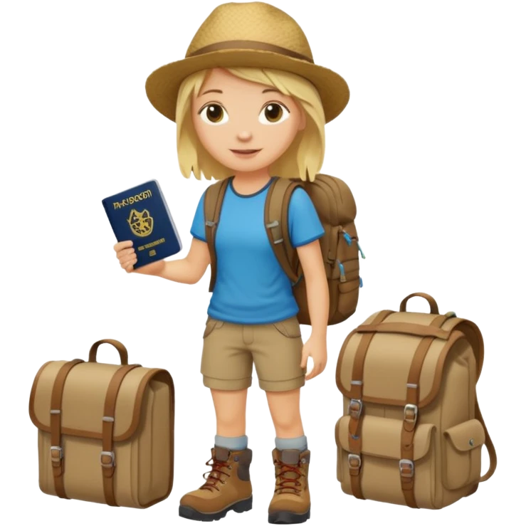 blonder haired Traveler character with passport, backpacker,  emoji