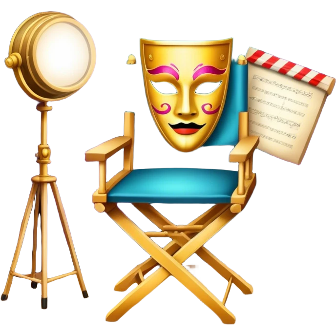 Icon for Acting: a theatrical mask, stage lights, a director’s chair, and a script, representing the craft of acting in theater. The design should reflect creativity, performance, and the art of storytelling on stage. Transparent background. emoji