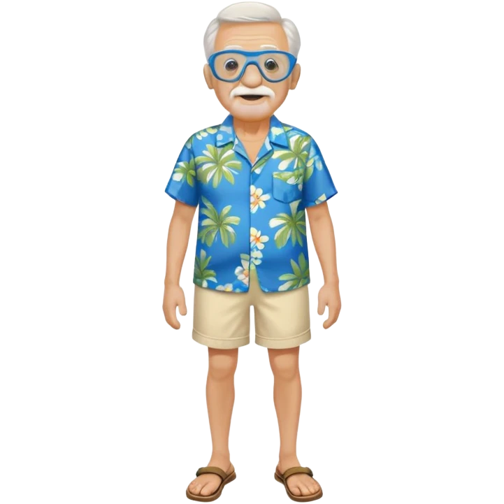 old man with cane and blue  Hawaiian shirt and cream short and googles emoji
