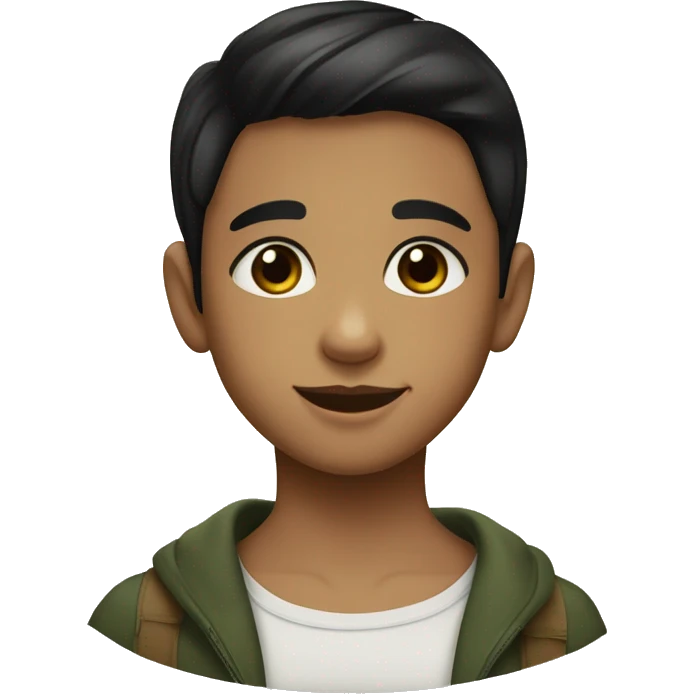 a young boy with short black hair with olive green eyes, full lips and thick eyebrows hugging a young girl with medium dark brown hair with brown eyes and dark eyebrows and with a big smile emoji