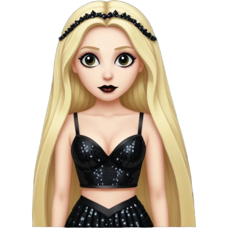 Bride of Dracula with long blonde hair, black sequin bra, black sequin long skirt emoji