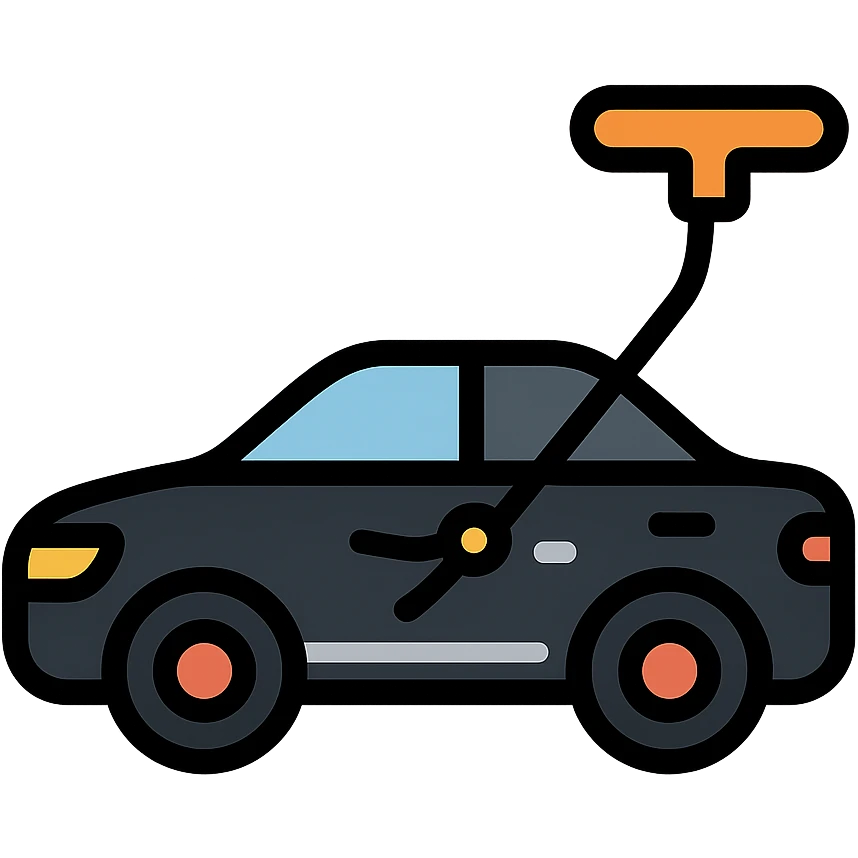 icon of a high-end black car with a subtle rod or hook tool touching a dent, matte black as main color, fine silver lines for contrast, simple style, focus on dent repair emoji