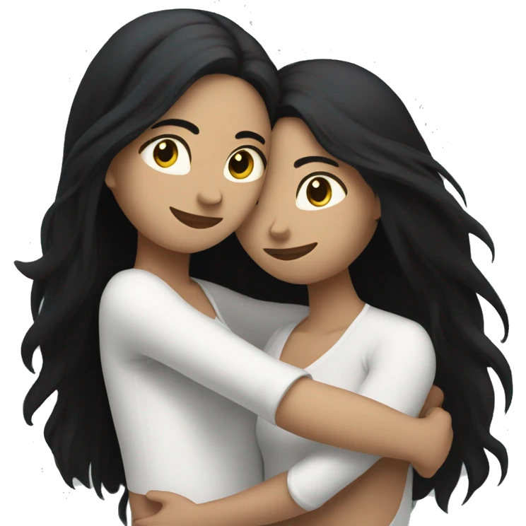 Lesbians with long black hair and white skin hugging passionately emoji