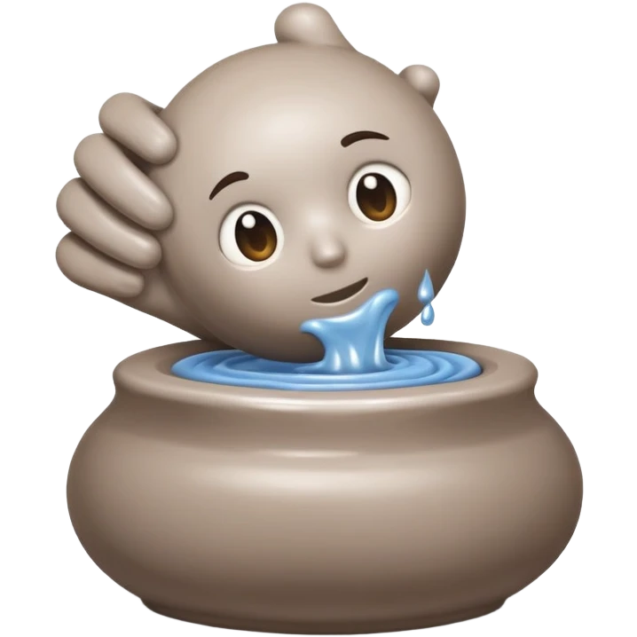 one hand hugging on the right side of a blob of clay on a silver pottery wheel emoji
