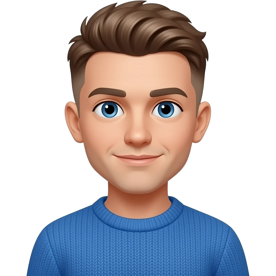 BW - young man, blue eyes, early 20s, light brown skin fade floppy short on top hair, blue jumper emoji