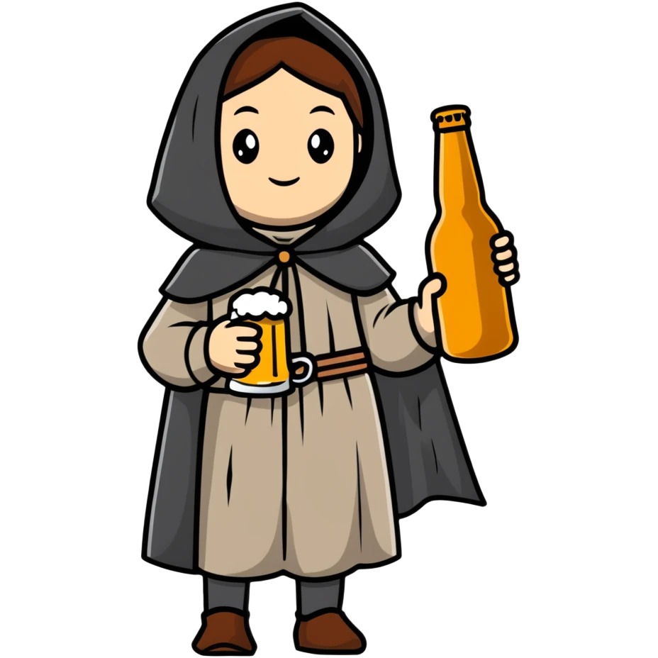 young female medieval pilgrim with cloak and beer bottle emoji