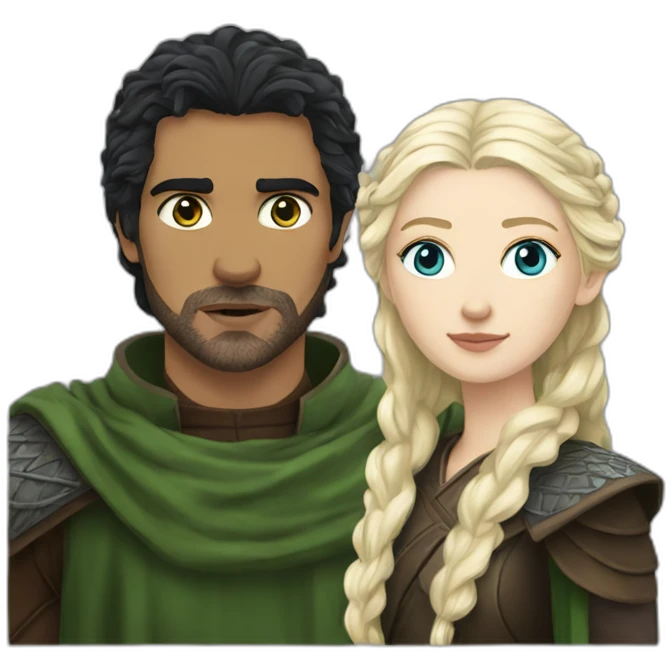 black haired blue eyed woman with blond haired green eyed man from game of thrones emoji