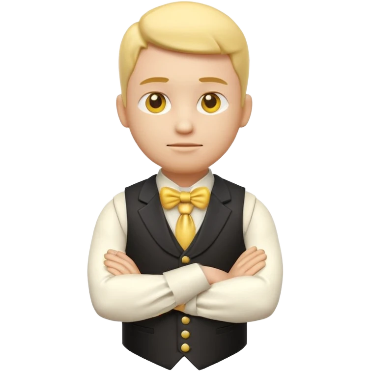 3d yellow emoji character with crossed arms and determined loving expression, wearing victorian waistcoat, shiny early 2000s 3d render, plain white background emoji