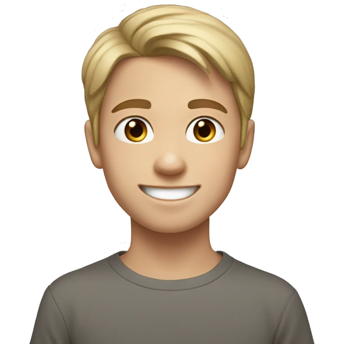 a 13 year old boy smiling with blue eyes and pale tan skin color, straight hair covering fore head brown emoji