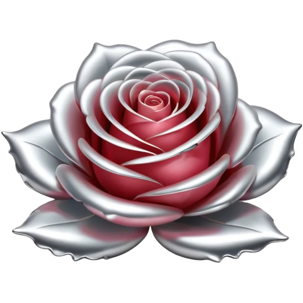 A rose emoji made of liquid silver metal, smooth metallic petals, reflective chrome surface, soft gradients, elegant shape, minimalistic iOS emoji style, centered, clean white background, realistic highlights, no text emoji
