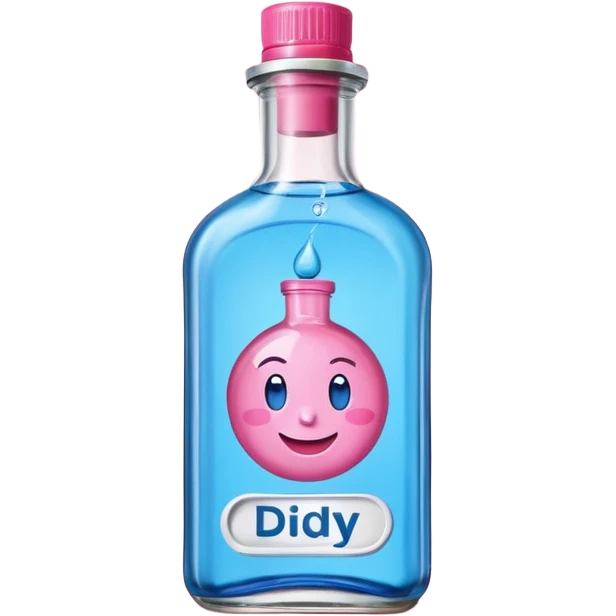 Smiling bottle of oil blue top pink outside with logo that says diddy oil emoji