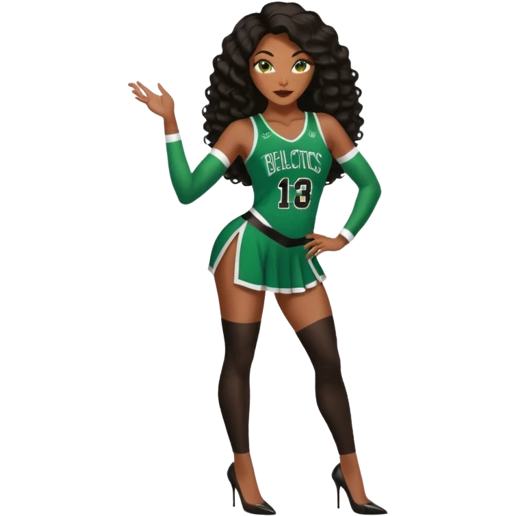 A 45-year-old ebony brown black woman with brown eyes, long body wave black brown baylaige hair dressed in sexy 
celtics jersey costume outfit and stilettos  emoji